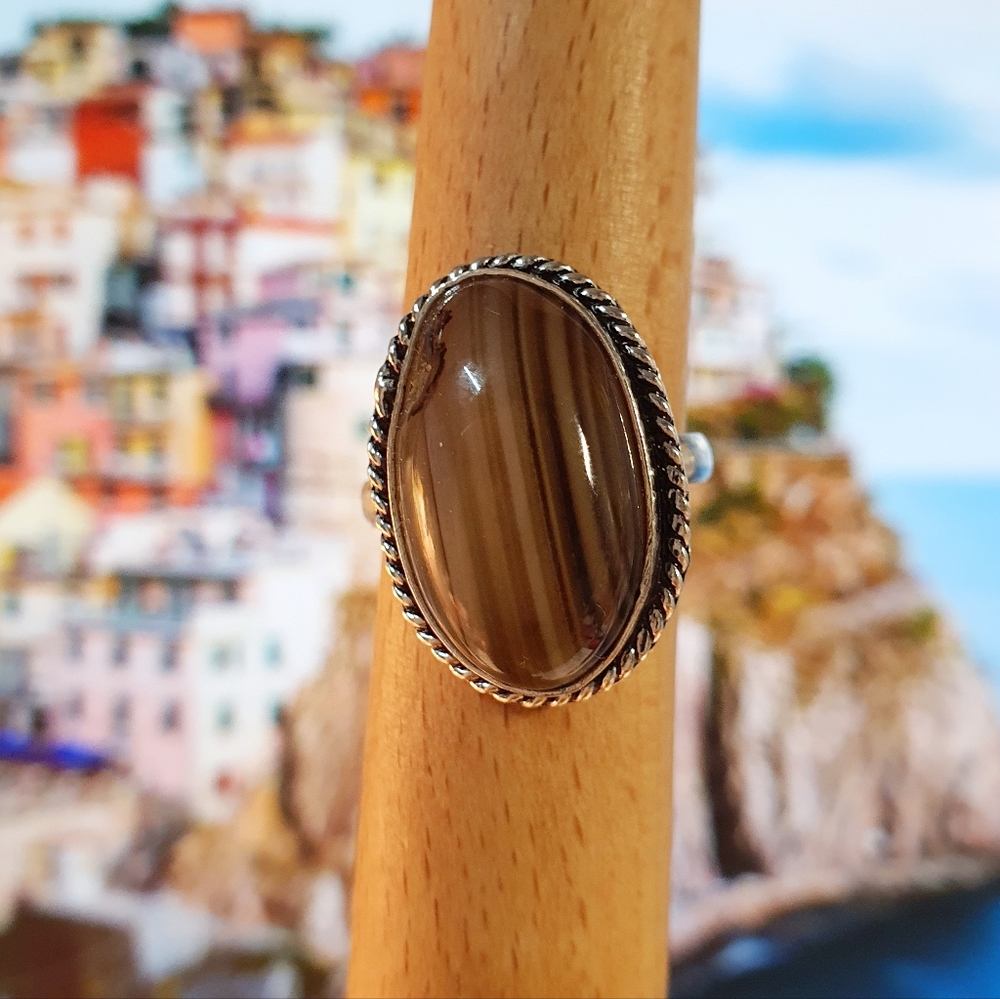 Brown Stripe Agate Sterling Silver Plated Ring Size 9.5